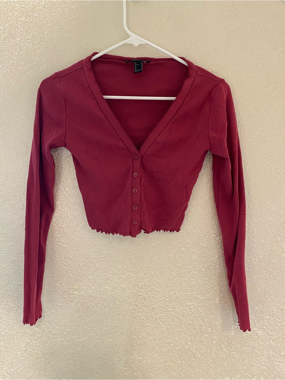 Forever 21 Burgundy V-Neck Buttoned Crop Cardigan